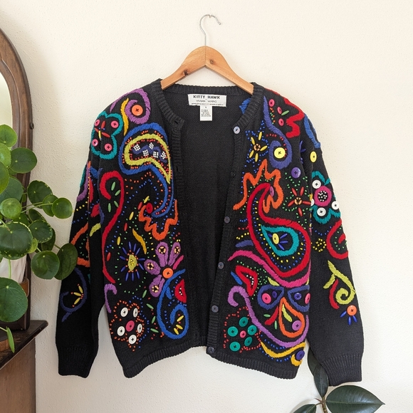 Kitty Hawk Sweaters - Vivian Wang | Kitty Hawk | 80s | Embroidered Beaded Multicolored Cardigan